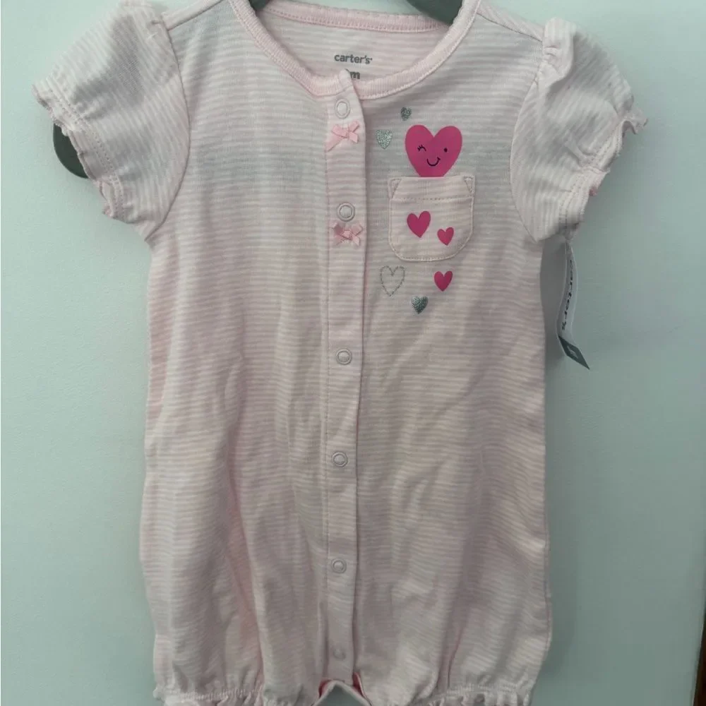 Carter's Pink Heart Matching rompers size 9M new with tags